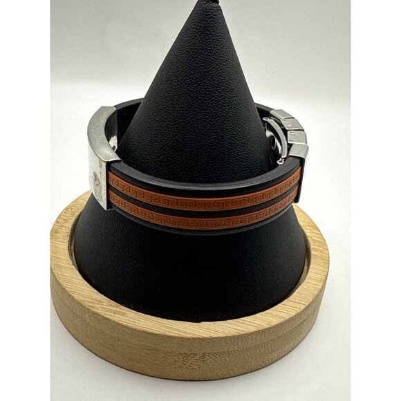 Mens Stainless Steel & Silicone Bracelet W/ Greek Key Design Adjustable Clasp - Picture 5 of 7